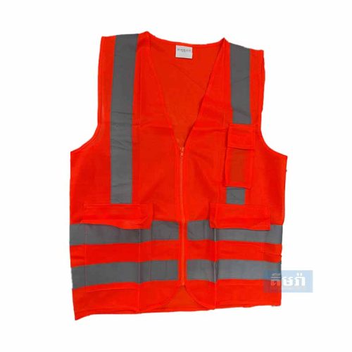 អាវចំណាំងផ្លាតខ្វែងខ្នង មានរ៉ូត ទឹកក្រូច - Safety Vest Orange