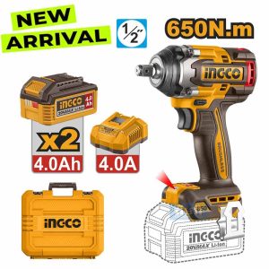 CIWLI2065 INGCO 20V BL 1/2" IMPACT WRENCH 650NM 2X4.0, 4A CHARGER+CASE - ម៉ូទ័រម៉ូលវ៉ាឡុងប្រើថ្មឈុតថ្ម 20Vx2