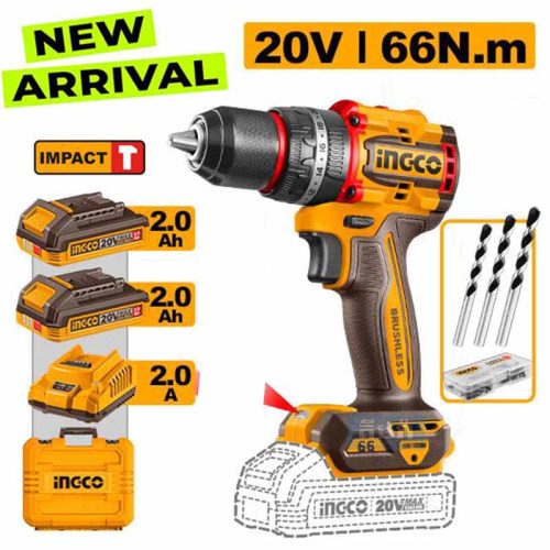 CIDLI20668 Compact Brushless Cordless Impact Drill included 2x2.0Ah Batterries - ឈុតម៉ូទ័រស្វានញាក់ Ingco ថ្ម x2 (2.0Ah) + ឆ្នាំងសាក 1